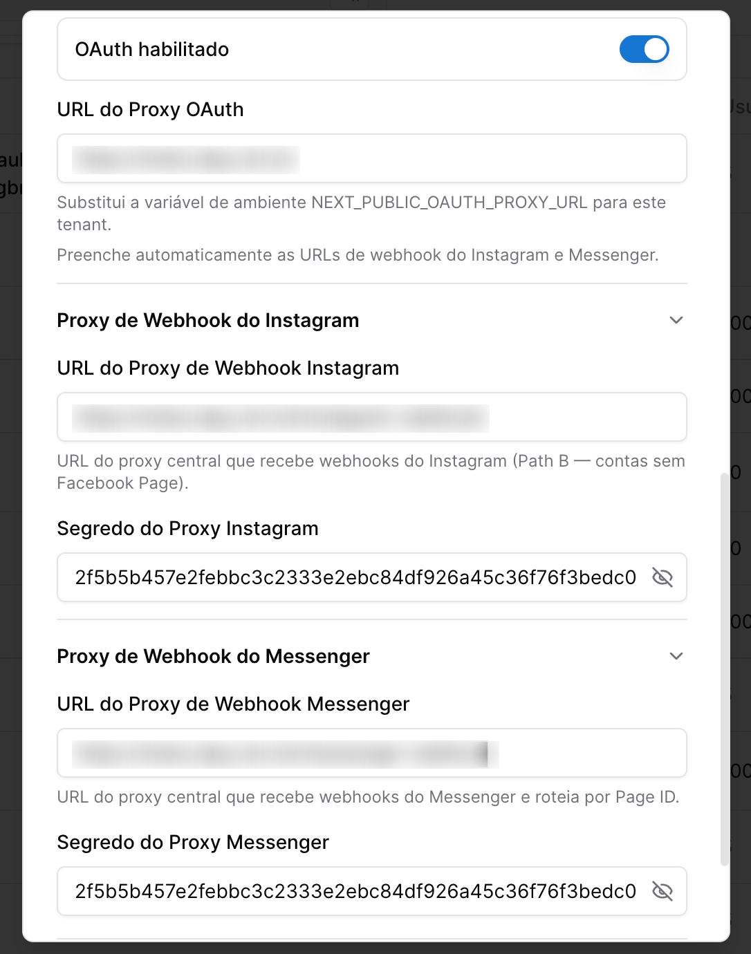 TESTE PEDRO - tela de configuração do Tenant - oauth instagram e facebook messenger